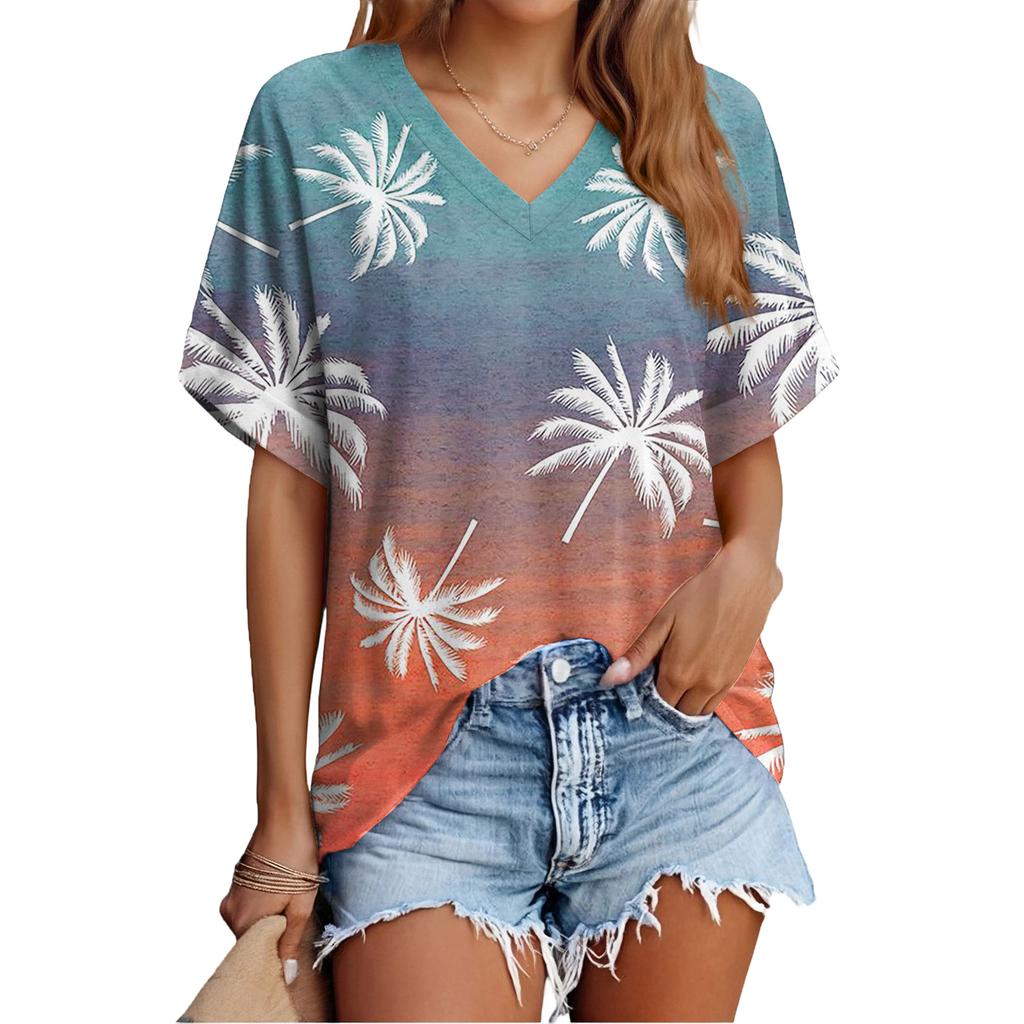 Women's Fashionable Casual Everyday Versatile Floral Print Slim-Fit Summer Short-Sleeve Top