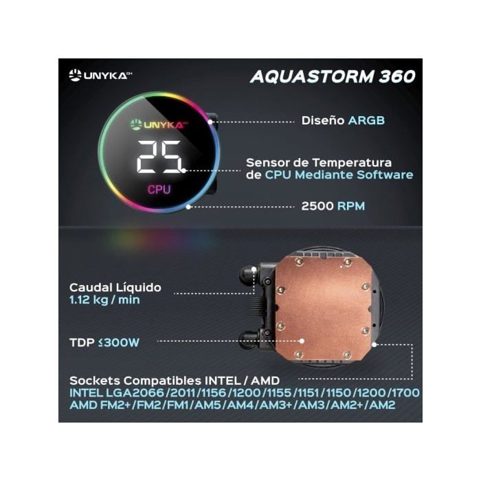 Refroidissement liquide - unykach - aquastorm 360 - compatible intel/amd - aluminium/cuivre - noir