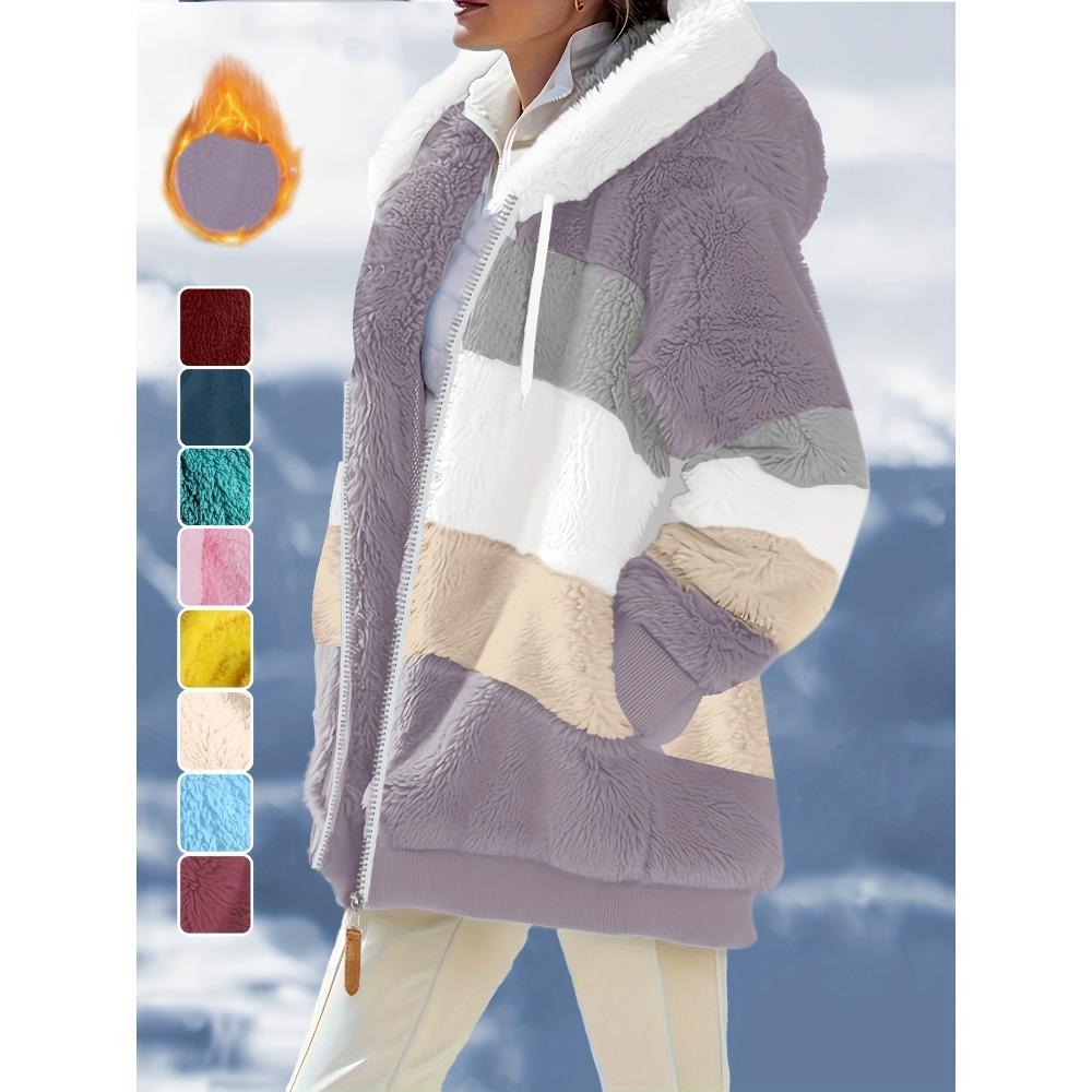 Damen Mehrfarbiger Flauschiger Kapuzenmantel, Lockere Warme Plüschjacke für Herbst Winter