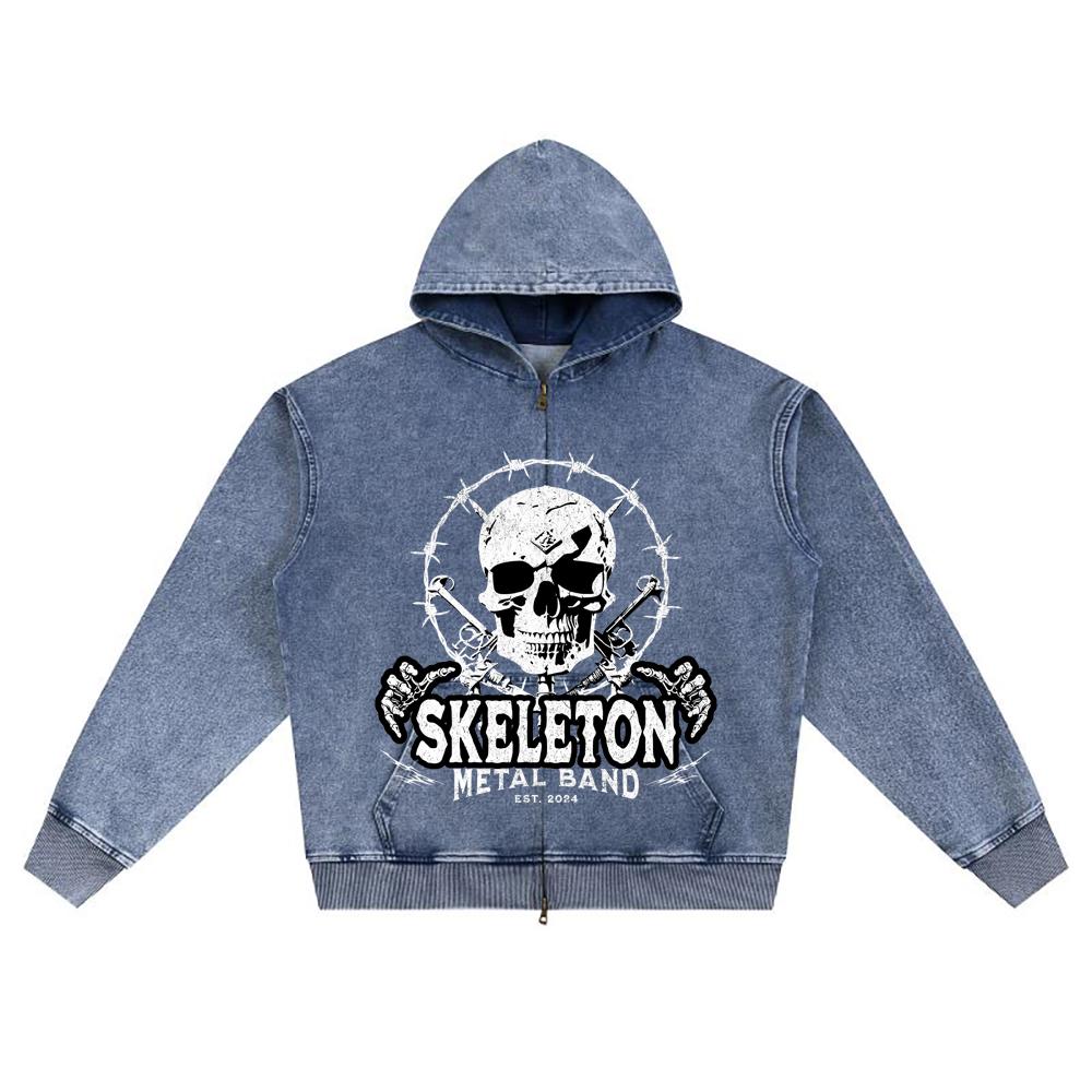 DTG Print Knitted Denim Zip-Up Hoodie Skeleton Metal Band Streetwear Brother Print Zipper Hoodies