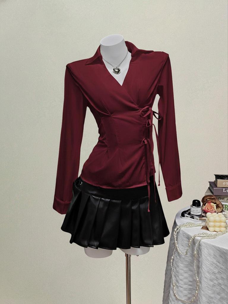 In Stock - European & American Casual Waist-Cinching Solid Color Women's Shirt