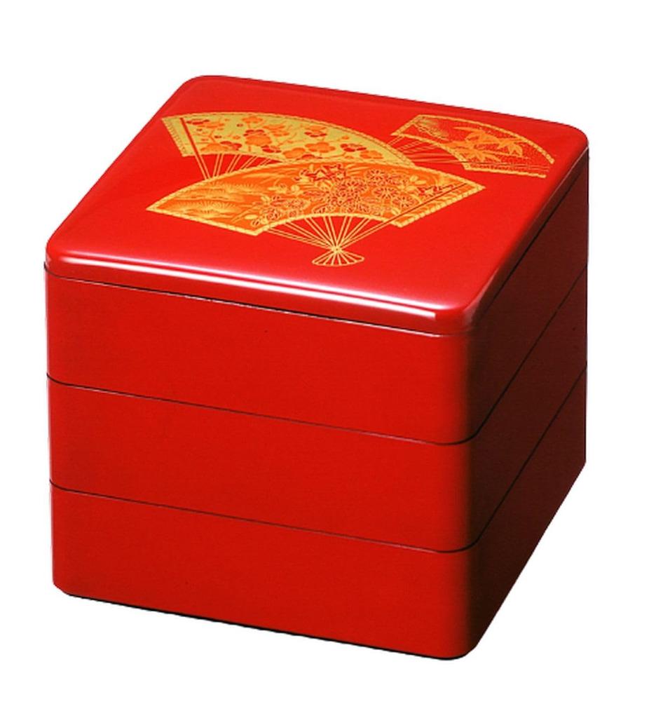 Outdoor Lunch Box Made In 3 Double Vermilion and Plum X X J-kitchens (Lunch Box) Japan, Tiers, 6-inch, Fan-Shaped Pine, Bamboo, Design, 18.1cm 18.1cm