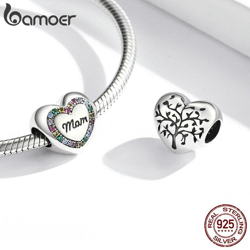 Bamoer Rainbow Zircon Heart-Shaped Charm 925 Sterling Silver Love Life Tree Beads Fit for Women Bracelet or Bangle Fine Jewelry