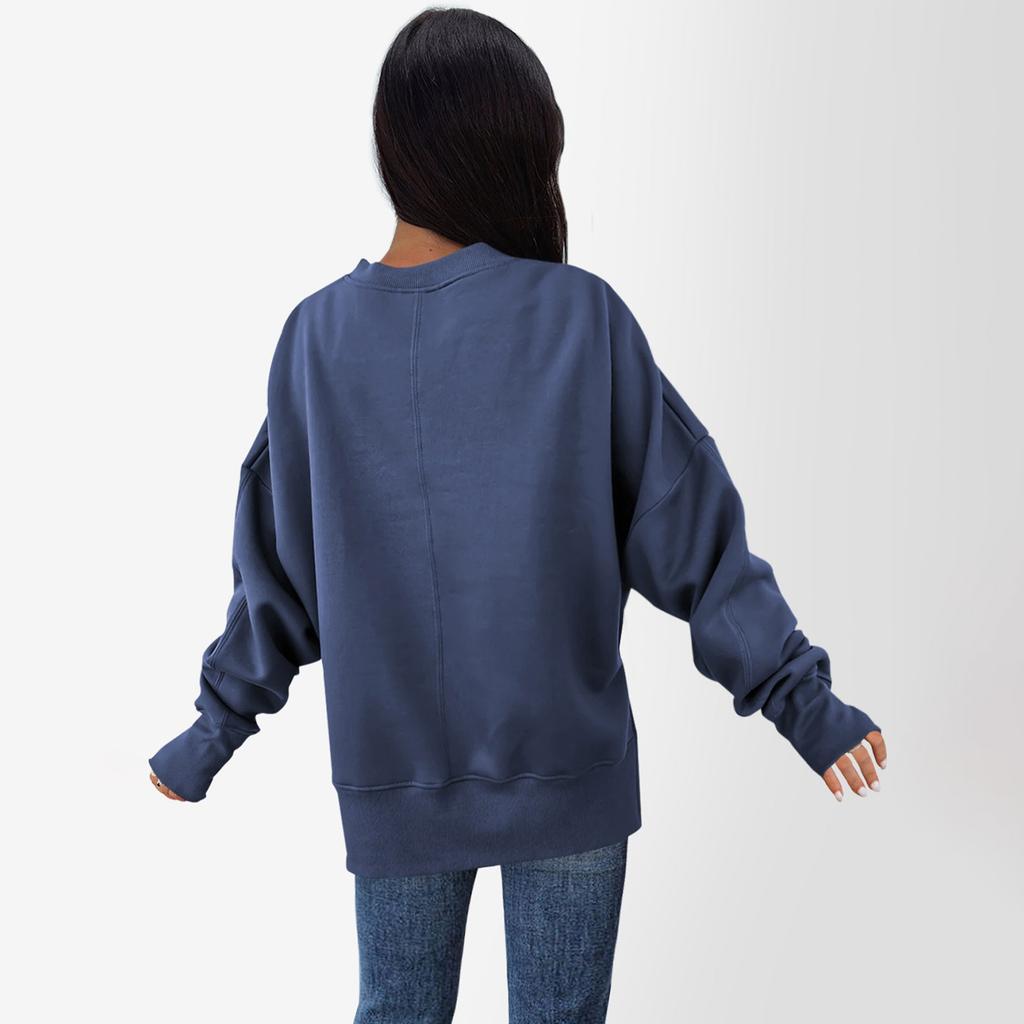 Women's Solid Color Slit Round Neck Sweatshirt Casual Top Loose Long Sleeved Top