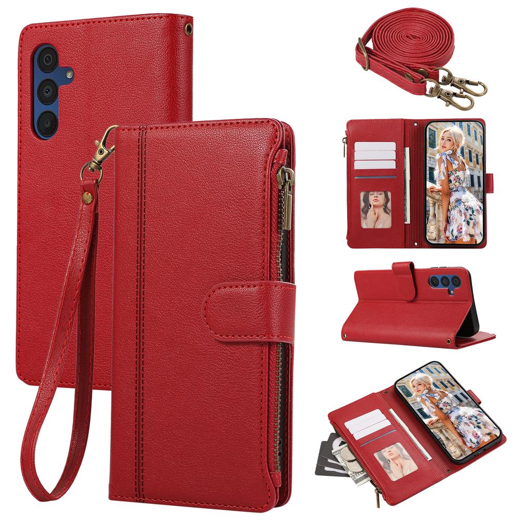 For Samsung Galaxy A16 4G/5G/A26 5G Case Multi Card Slots Zipper Leather Phone Cover with Shoulder Strap/Wrist Strap