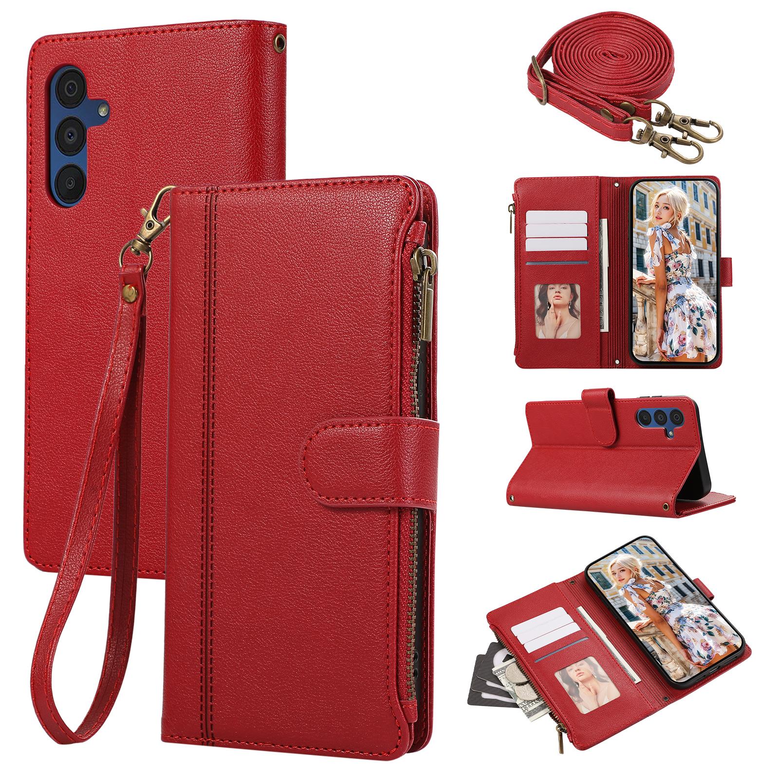 

For Samsung Galaxy S25/S24 Case Multi Card Slots Zipper Leather Phone Cover with Shoulder Strap/Wrist Strap Red
