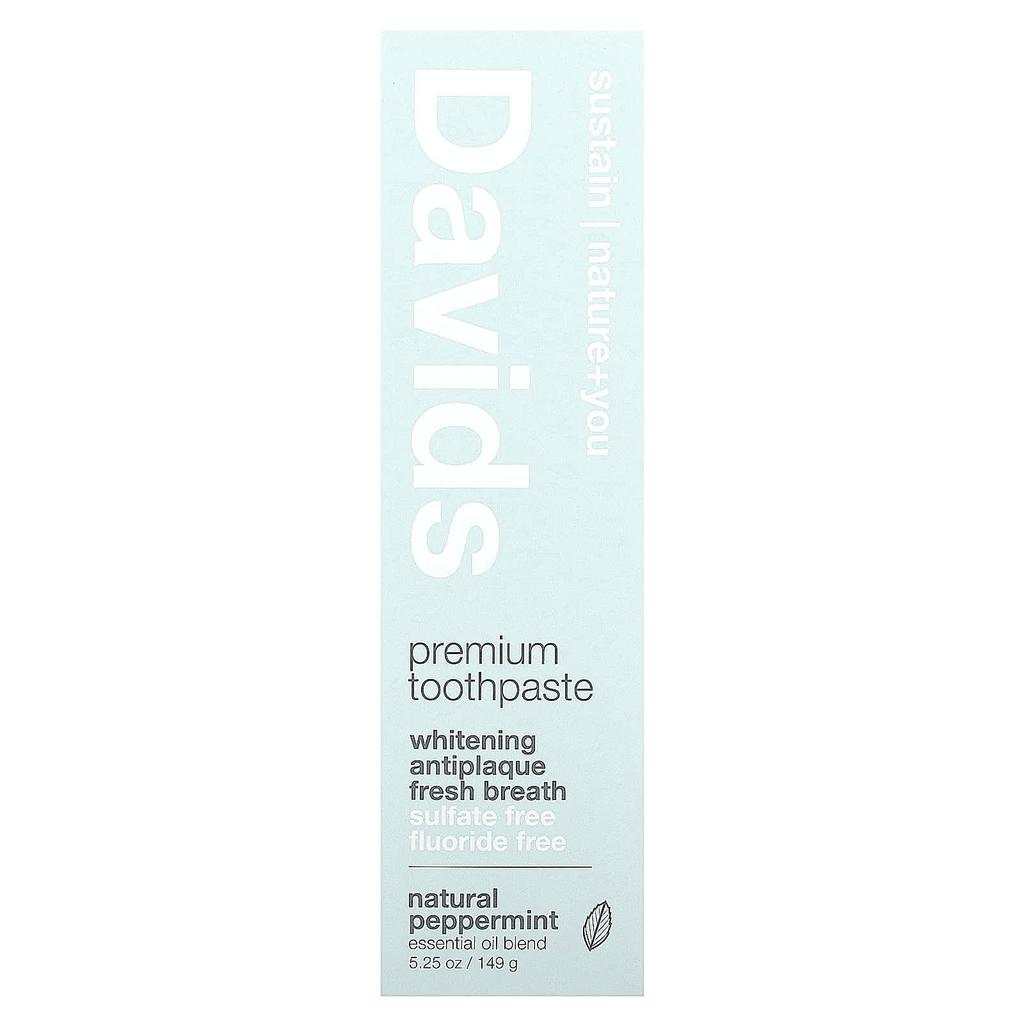 Davids, Premium Toothpaste, Whitening + Tartar Removal, Natural Peppermint, 5.25 Oz (149 G)