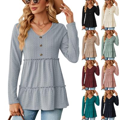 2024 European And American Autumn/Winter New Solid Color V-Neck Button Splicing Loose Long Sleeve T-Shirt Top For Women