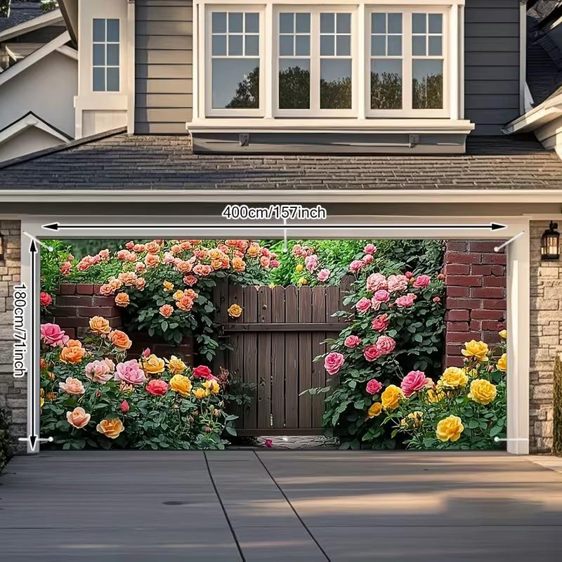 2D Cottage Garden Multicolor Rose Brick Wall Wooden Gate Garage Backdrop 47.2x31.5inch/120*80cm