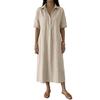 Abito estivo in cotone e lino da donna, manica corta, bottoni, colletto, midi, casual, svasato, linea ad A, ampio, da vacanza