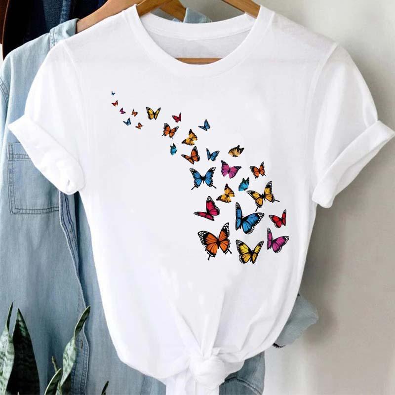 Summer Burst Cute Cartoon Butterfly Trend Letter Print Top T-shirt Woman Tops  Oversized T Shirt  Aesthetic Clothes