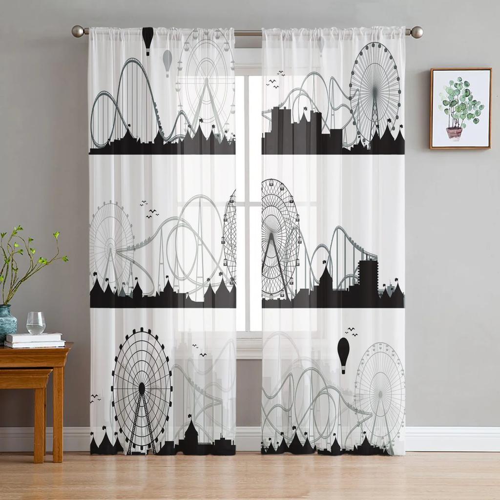 Acrobatic Field Circus Star Retro Style Tulle Curtains Living Room Decoration Chiffon Voile Kitchen Bedroom Curtain Light Filtering For Area Polyester