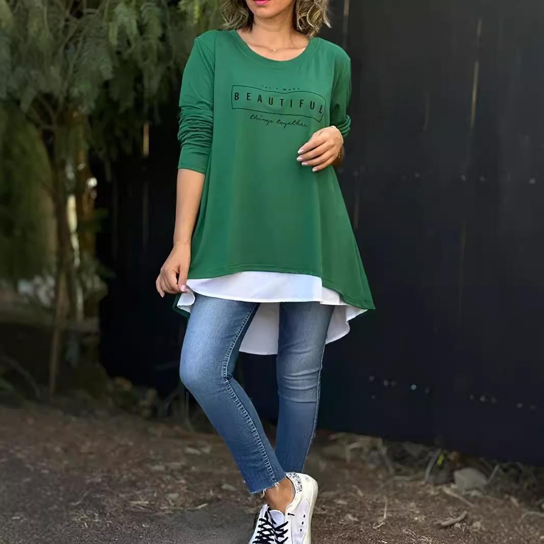 

Осенняя мода женский круглый вырез сзади пуговицы буквы длинный рукав пуловер топ 5XL зелёный