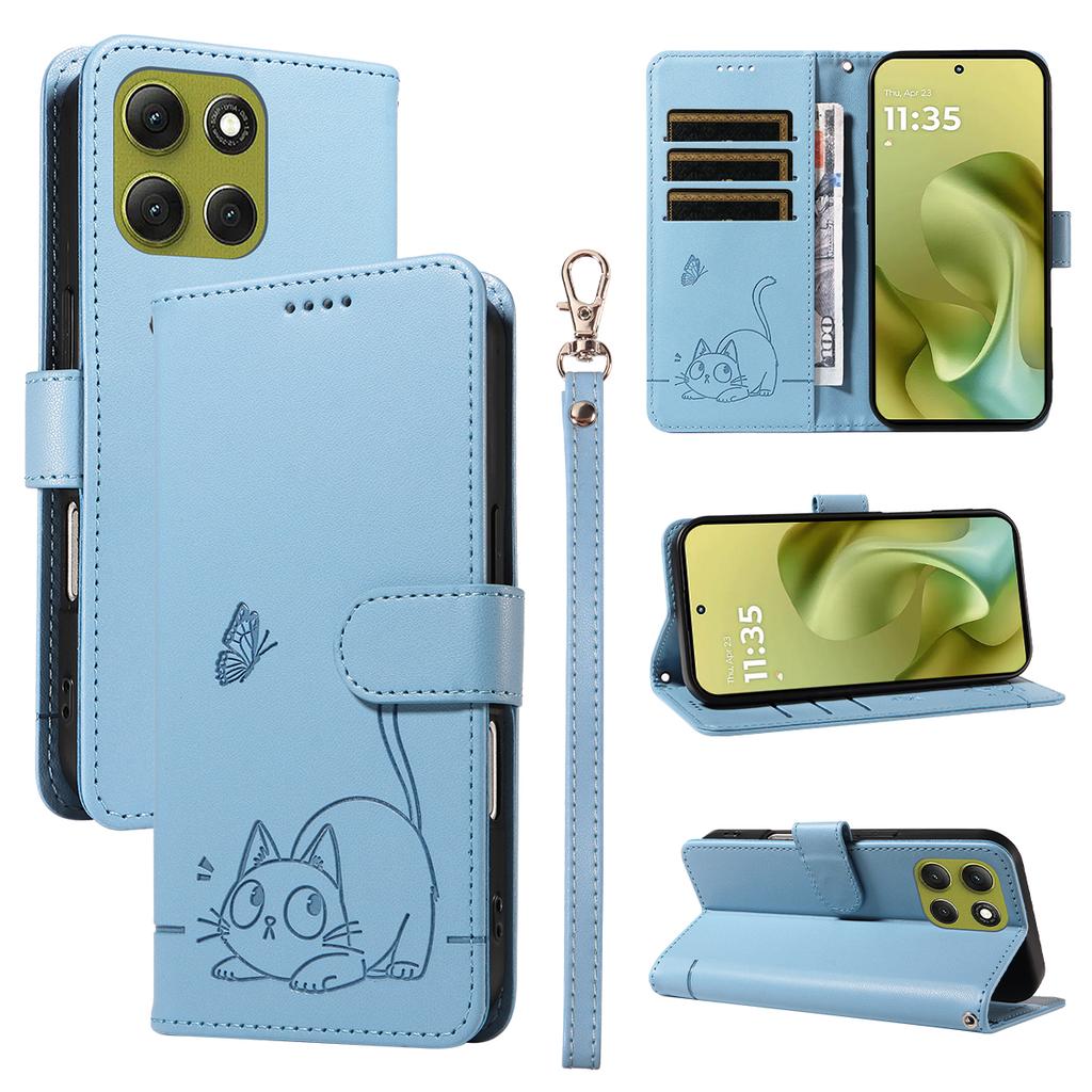 For Motorola Moto G86 5G/G86 Power 5G Case Cat Pattern Imprint Leather Phone Cover with Wrist Strap