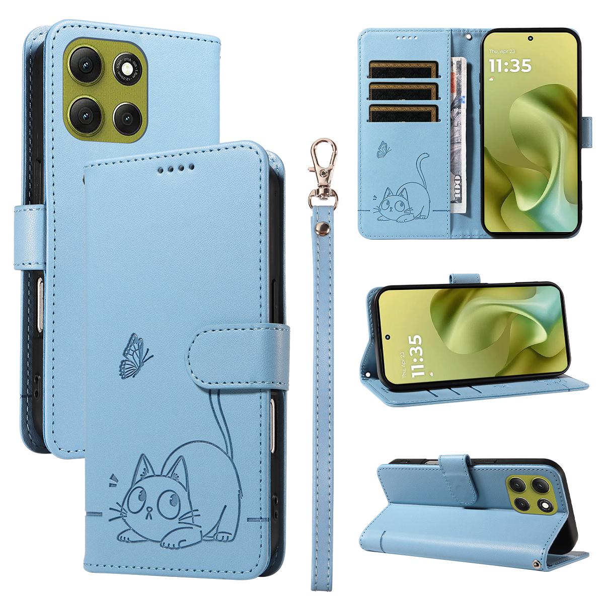 

For Motorola Moto G86 5G/G86 Power 5G Case Cat Pattern Imprint Leather Phone Cover with Wrist Strap Sky Blue
