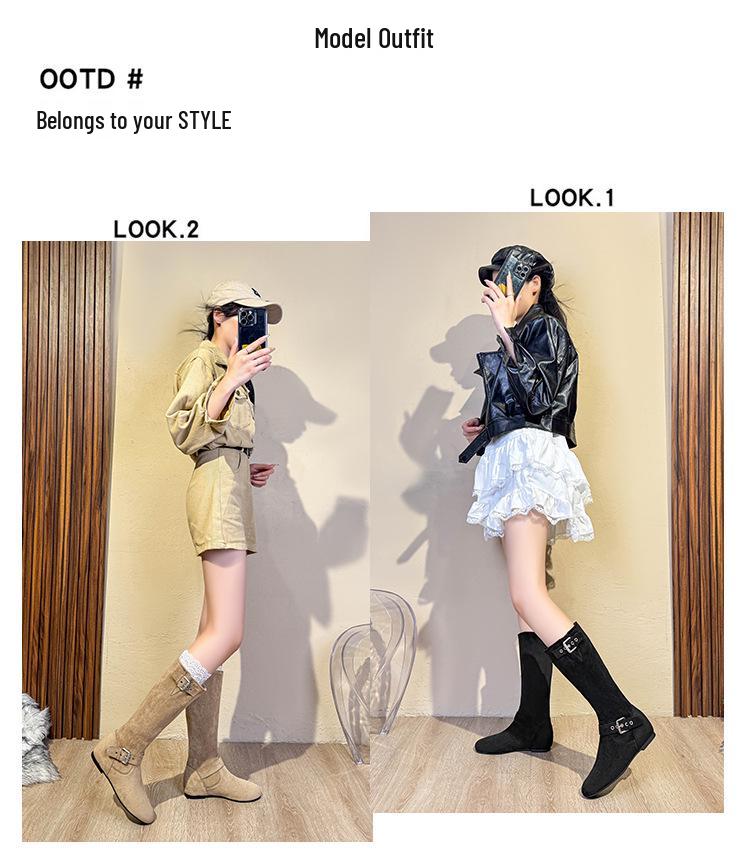 Korean Style Belt Buckle Mid-Calf Western Boots: Trendy, Comfortable & Versatile for Winter 2025 with High Socks.