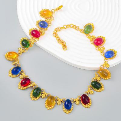Retro Bohemian Colorful Oval Resin Necklace for Women - Exaggerated European & American Hip-Hop Style Sweater Chain