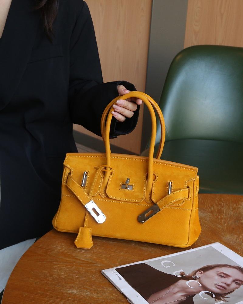 30Cm horizontal low version velvet platinum bag, first layer matte cowhide underarm bag (H01BK)