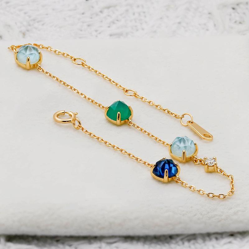 Dunlay Jewelry French Retro Niche Style S925 Silver Plated with 14k Gold Chrysoprase + White Shell Bracelet