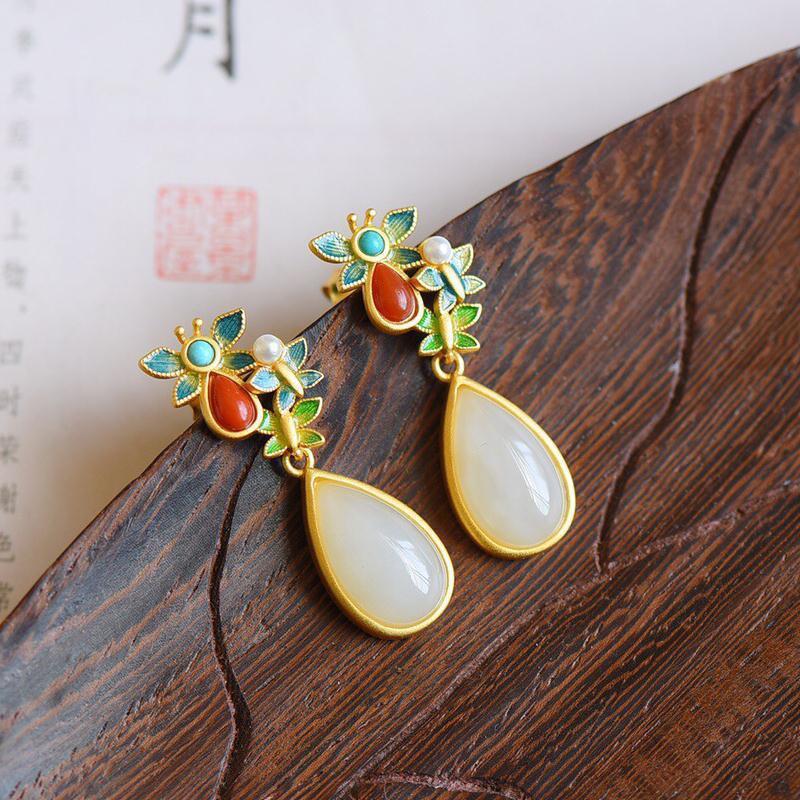Natural Hetian White Jade Drop Earrings Chinese Style Retro National  Colorful Flowers Elegant Fairy  Jewelry