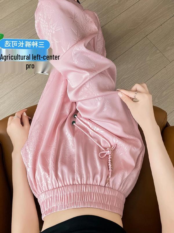 Dámské letní žakárové saténové ledově hedvábné kalhoty se širokými nohavicemi