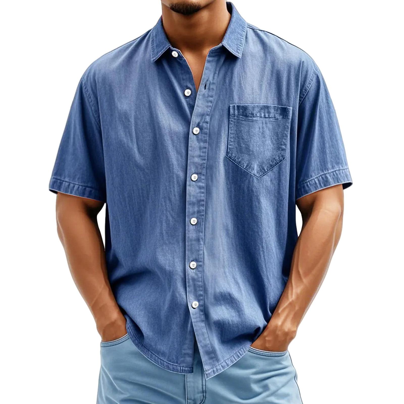 

Мужская повседневная свободная однотонная рубашка с квадратным вырезом, карманом и коротким рукавом на пуговицах XL синий