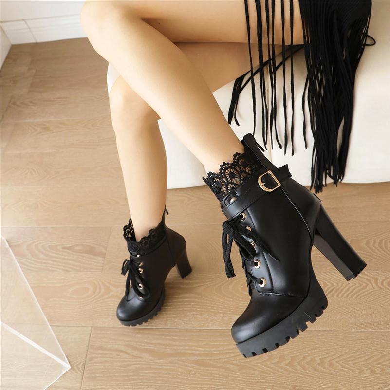 FOREADA Woman Ankle Boots Round Toe Platform Chunky High Heels Buckle Zipper Lace-up Short Boot Lady Fashion Shoes Autumn Winter
