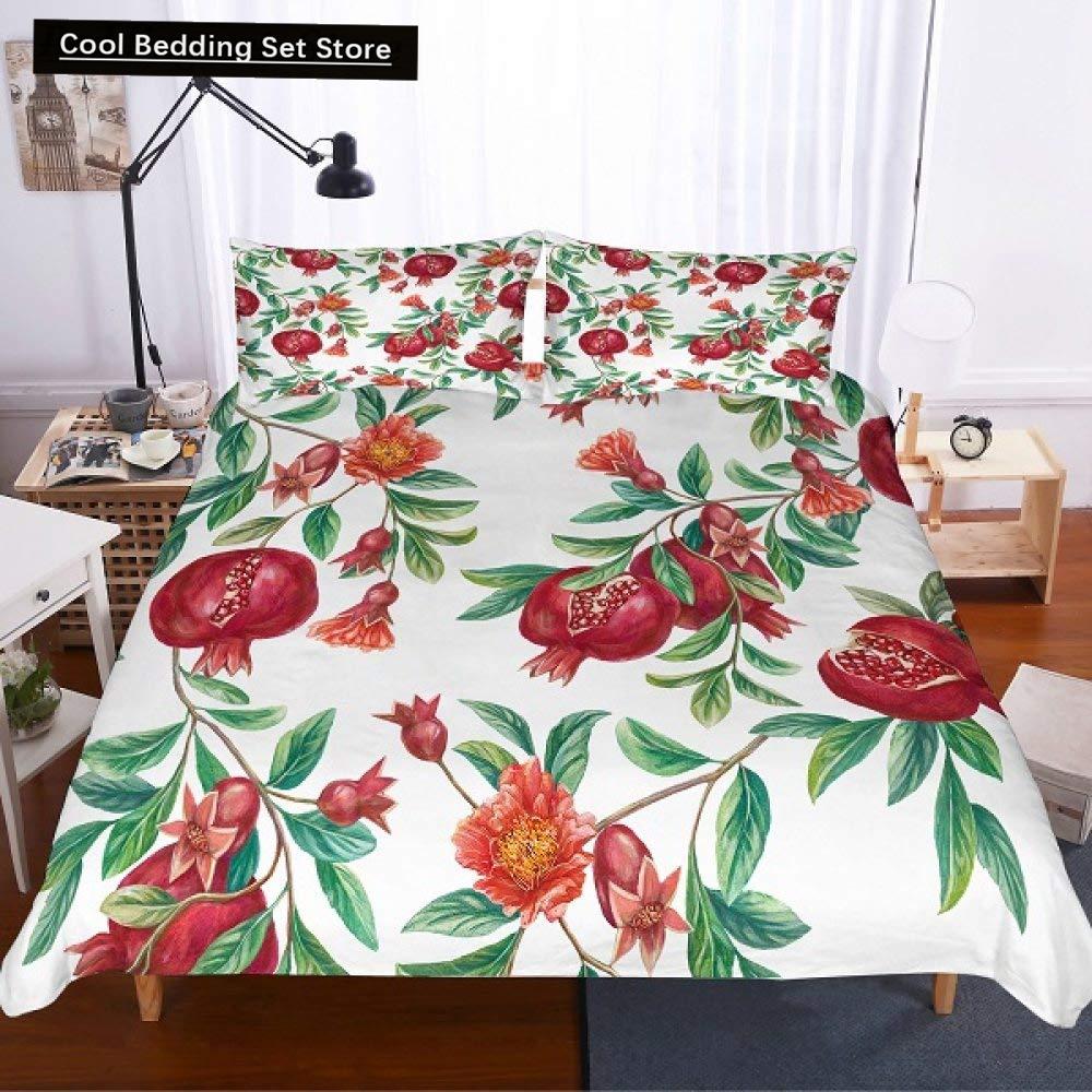 Red Pomegranate King Queen Duvet Cover Summer Tropical Fruit Bedding Set for Adults Green Leaves 2/3pcs Polyester Quilt Cover