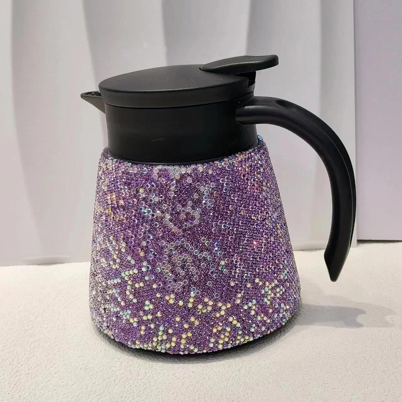 Sparkling Rhinestone Water Bottle Coffee Pot Double Wall Stainless Steel Thermos Bottle Vacuum Insulated Flasks With Handle 680ml фиолетовый