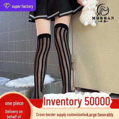 Japanese JK Black Silk Jacquard Thigh-High Socks with Dark Vertical Stripes