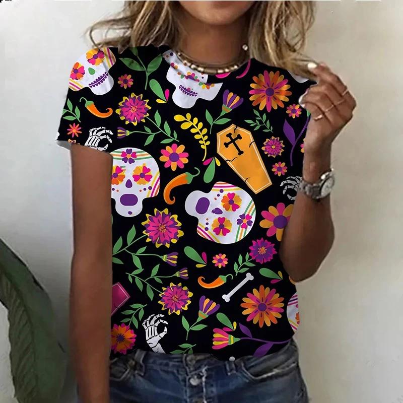 Women's 3D skull print retro T-shirt, round neck short sleeved T-shirt, Harajuku Y2K large T-shirt, women's clothing