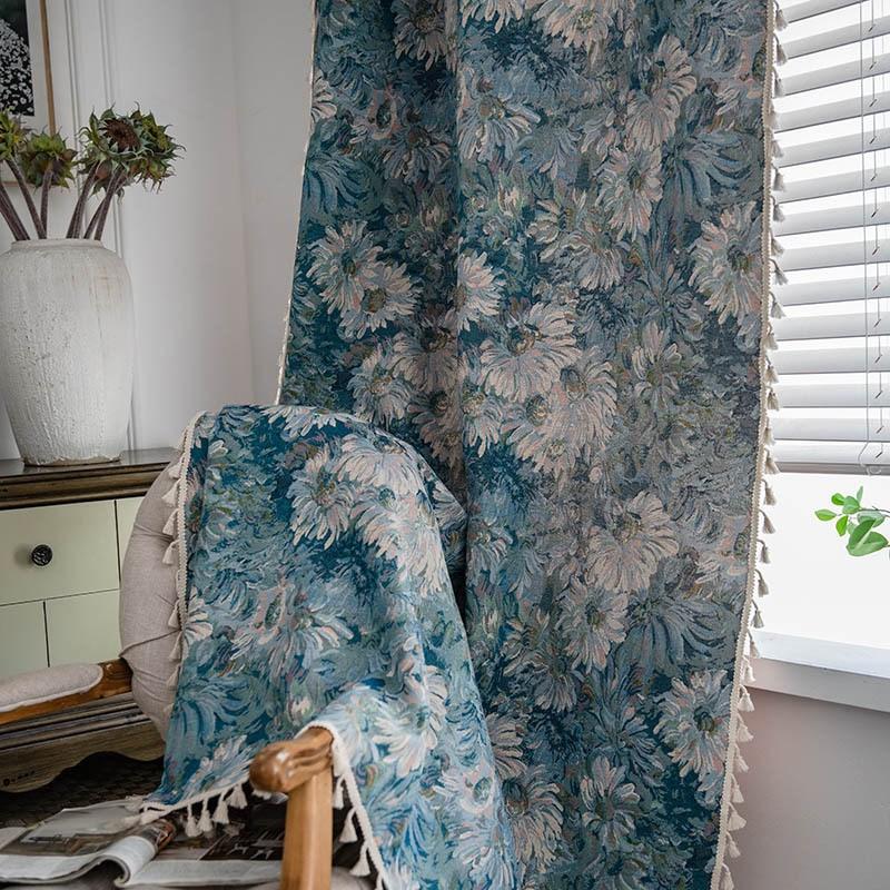 

Floral Jacquard with Tassels Oil Painting Curtain Thick Blackout Curtains for Living Room European Vintage Drape Kitchen Valance W150 x H160cm&Threading Rod