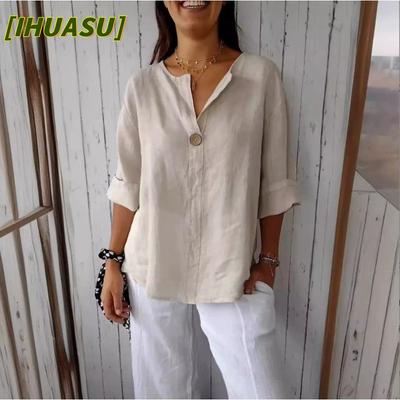 Women's Fashion Casual Solid Color Print 3/4 Sleeves V Neck Blouses & Shirts International Design