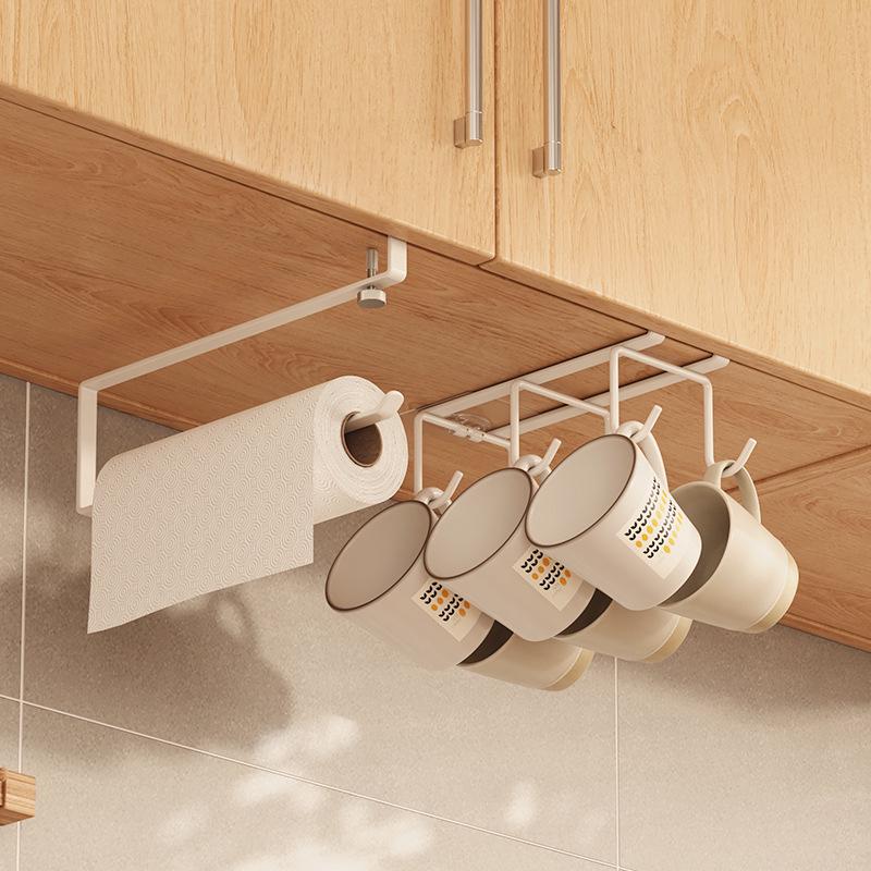 Kitchen Cabinet Cup & Towel Holder: Tea Cup, Rag, Cling Film, Napkin & Bag Storage Rack