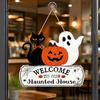 Solid Wood Craft Gift Halloween Welcome Door Sign, Pumpkin Ghost Black Cat Hanging Decor for Wooden Sign Front Door, Rustic Farmhouse Wall Art Indoor