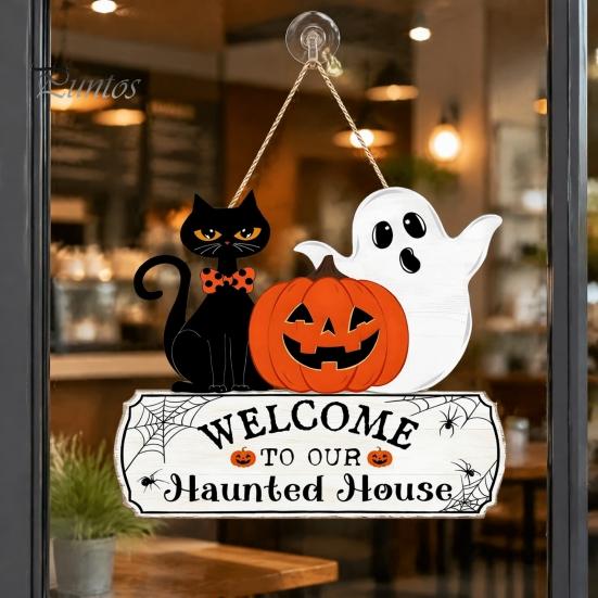 Solid Wood Craft Gift Halloween Welcome Door Sign, Pumpkin Ghost Black Cat Hanging Decor for Wooden Sign Front Door, Rustic Farmhouse Wall Art Indoor