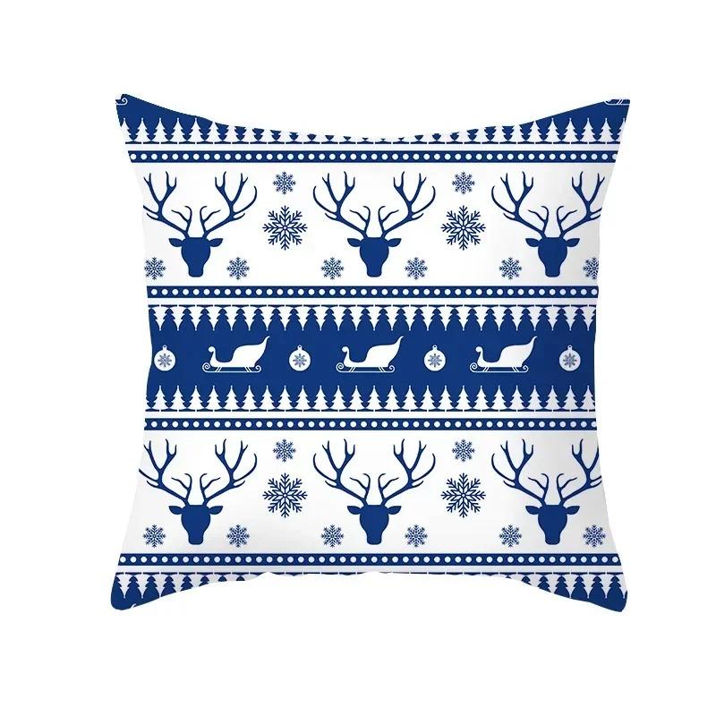 Blue Christmas Cushion Cover Christmas Elk Snowflake Print Pillowcase Sofa Ornaments Bedroom Home Decor New Year Gift