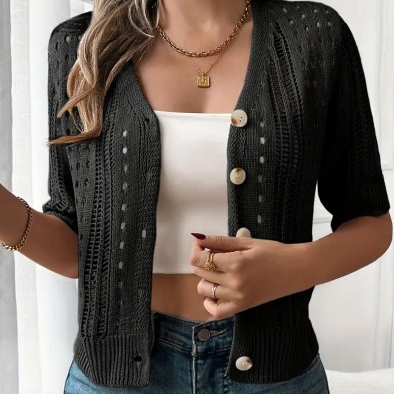 Knitted Women's Hollow-out Cardigan for Summer Women's Hollow-out Short Sleeve Cardigan Coat Short Sleeve Button Down Knit Jacket Hollow-out Design