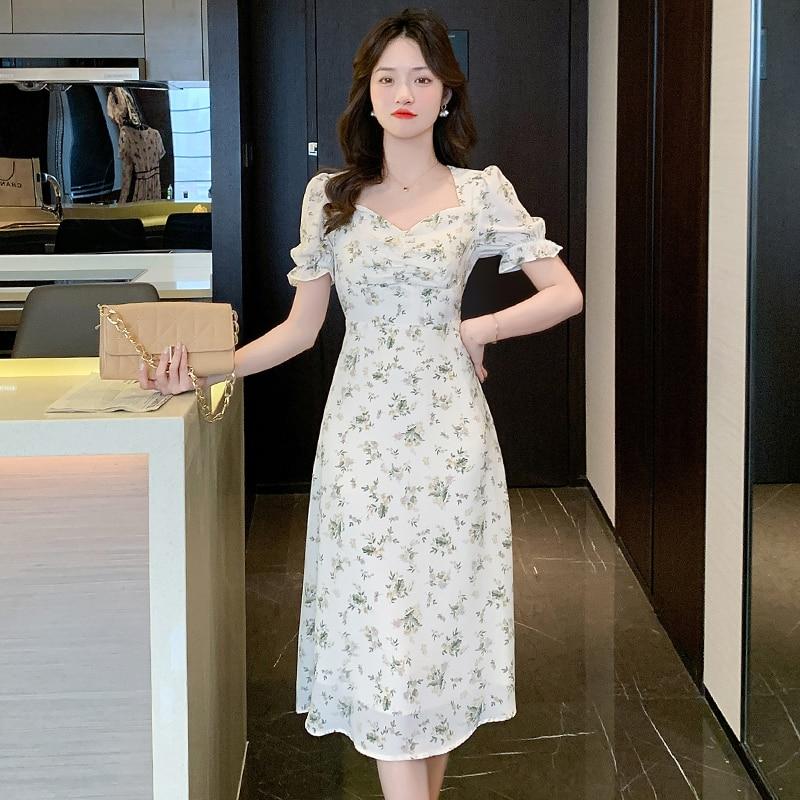 Mote fransk blomsterkjole for kvinner Chiffon søt kortermet sommerkjole Festantrekk Bodycon Lang kjole Robe 25395