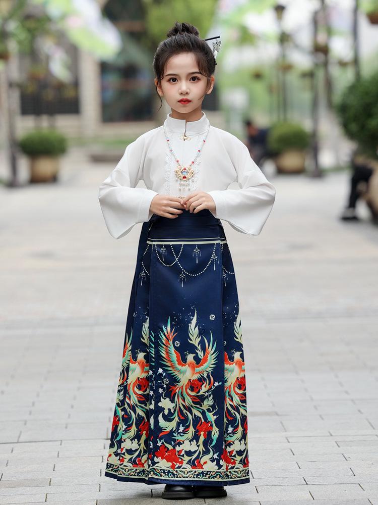 Mädchen Chinesischer Stil Pferd Gesicht Rock Set: Sommer Hanfu Kleidung, Ming-Stil Tang-Anzug