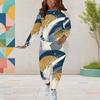 Women Plus Size Navy Blue Gold White Abstract Printed Round Neck Long Sleeve Top Fitted Pants Two Piece Set