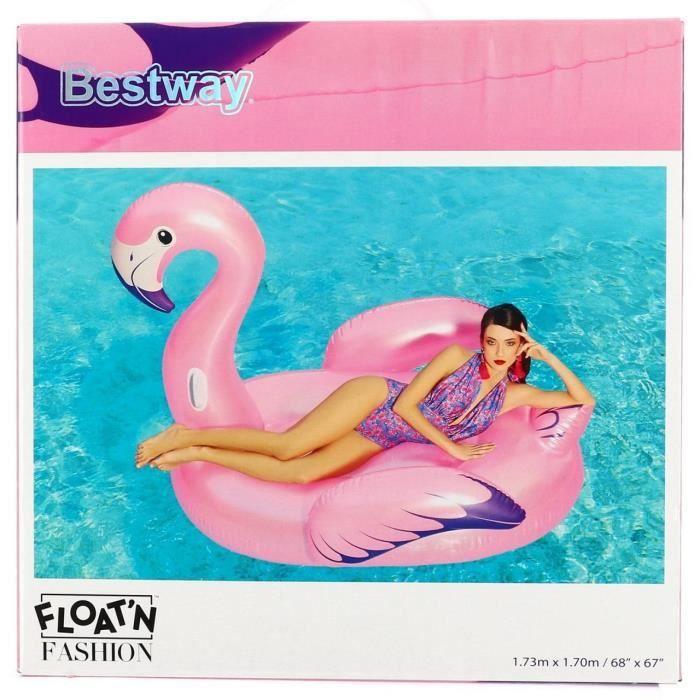 Bouée XXL chevauchable flamant rose Luxe - BESTWAY - 173 x 170 cm - Vinyle résistant - Soupapes de sécurité