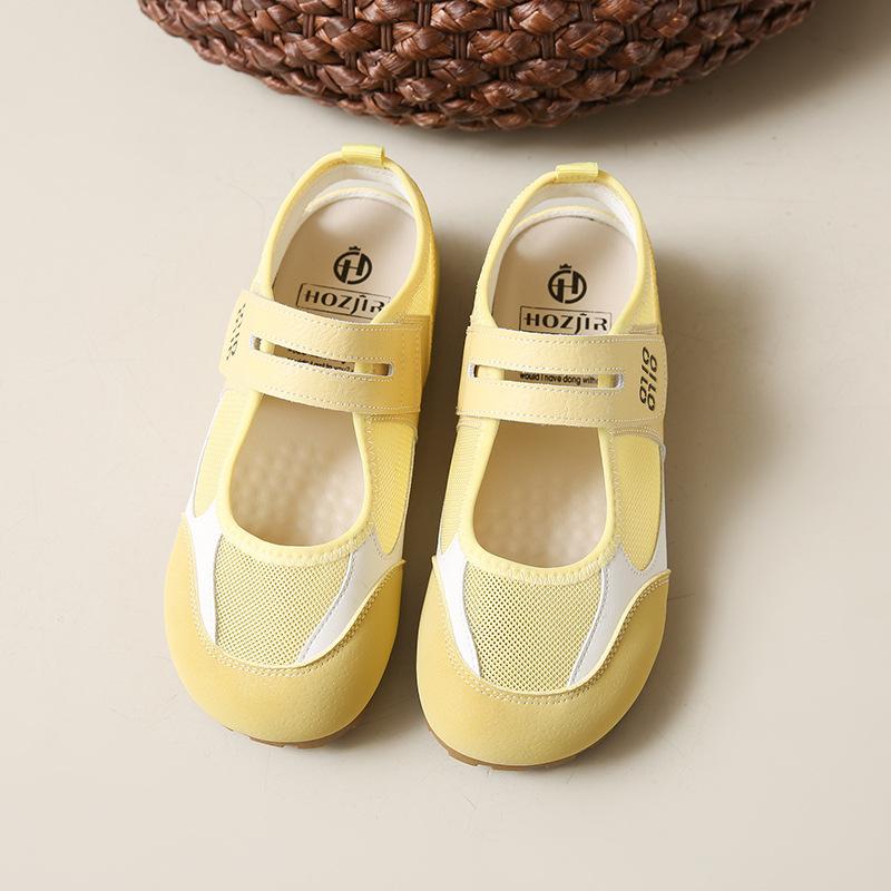 Yellow shoes mesh Mary Jane shoes summer new Velcro light mouth round head canvas shoes single shoes