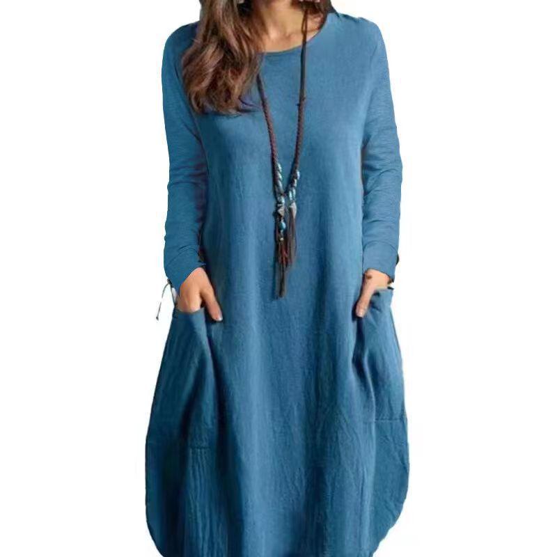 Women's Cotton Linen Loose Casual Solid Color Pocket Dress - 2022 Spring/Summer European & American Collection