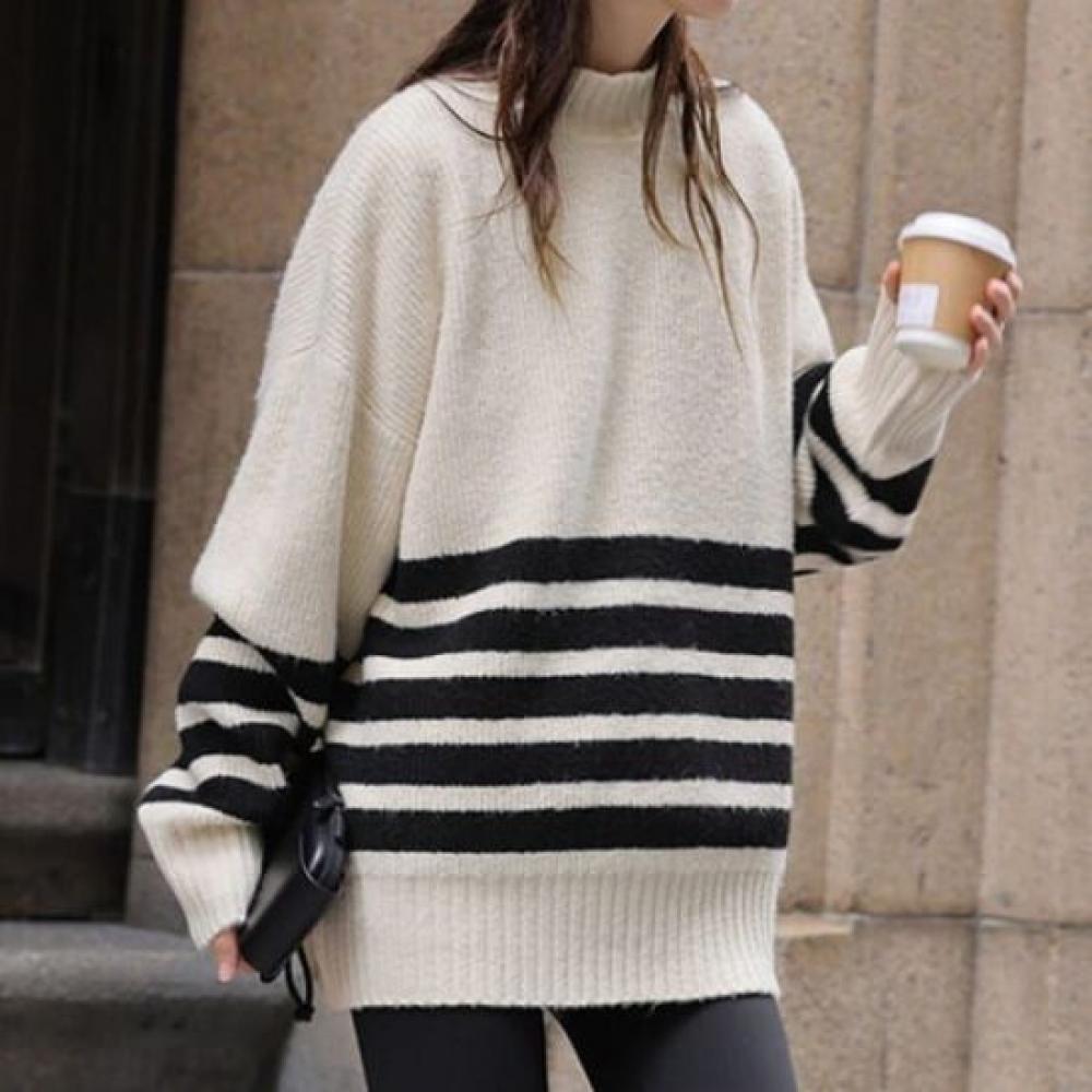 Navava Long Sleeve Knit Sweater Line Point Roundneck Nk2517
