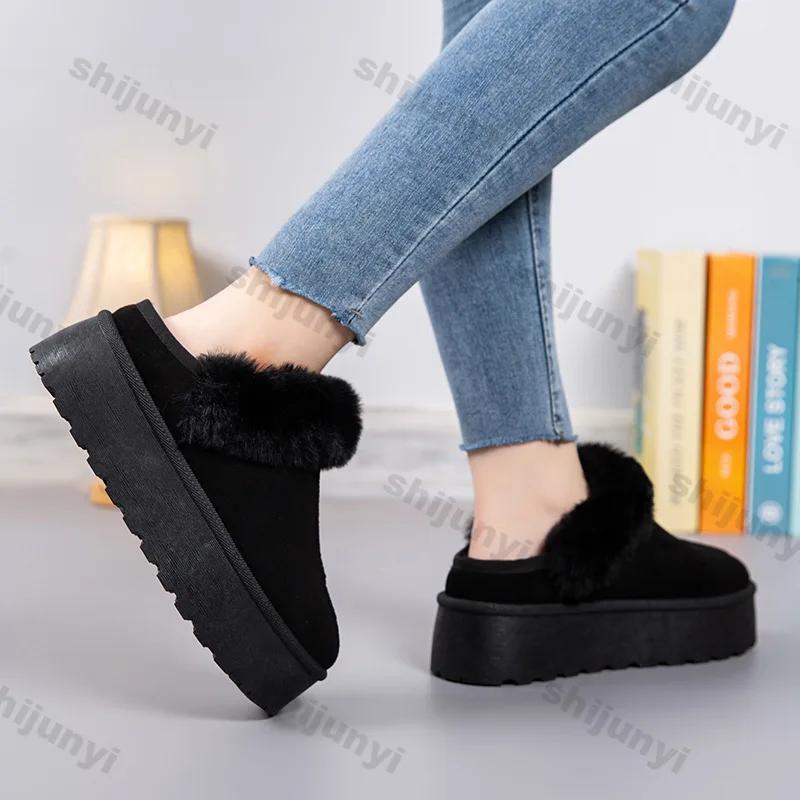 Women Fashion Fluffy Snow Cotton Slippers Winter Thick Sole Plush Warm Cotton Shoes Female Slip on Platform Non-slip Ankle Boots