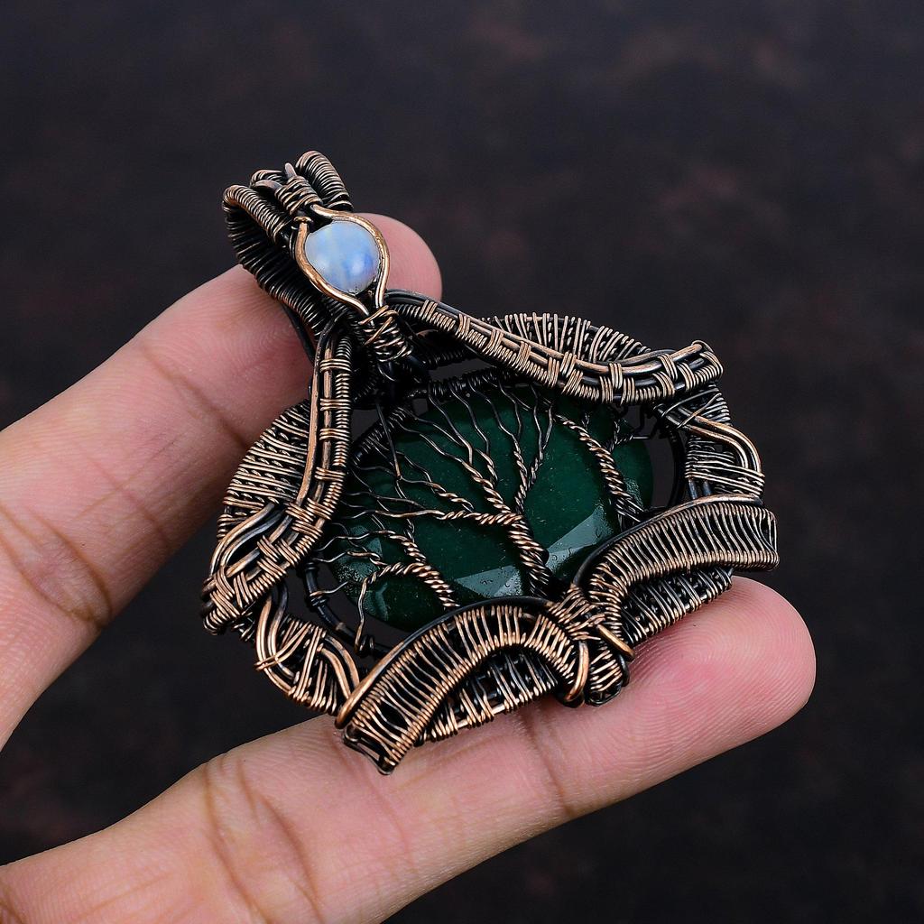 Baum des Lebens Facettierter Sambischer Smaragd Anhänger Kupferdraht Umwickelter Anhänger Mondstein Anhänger Edelsteinanhänger Zum Geschenk Handgefertigter Kupferschmuck