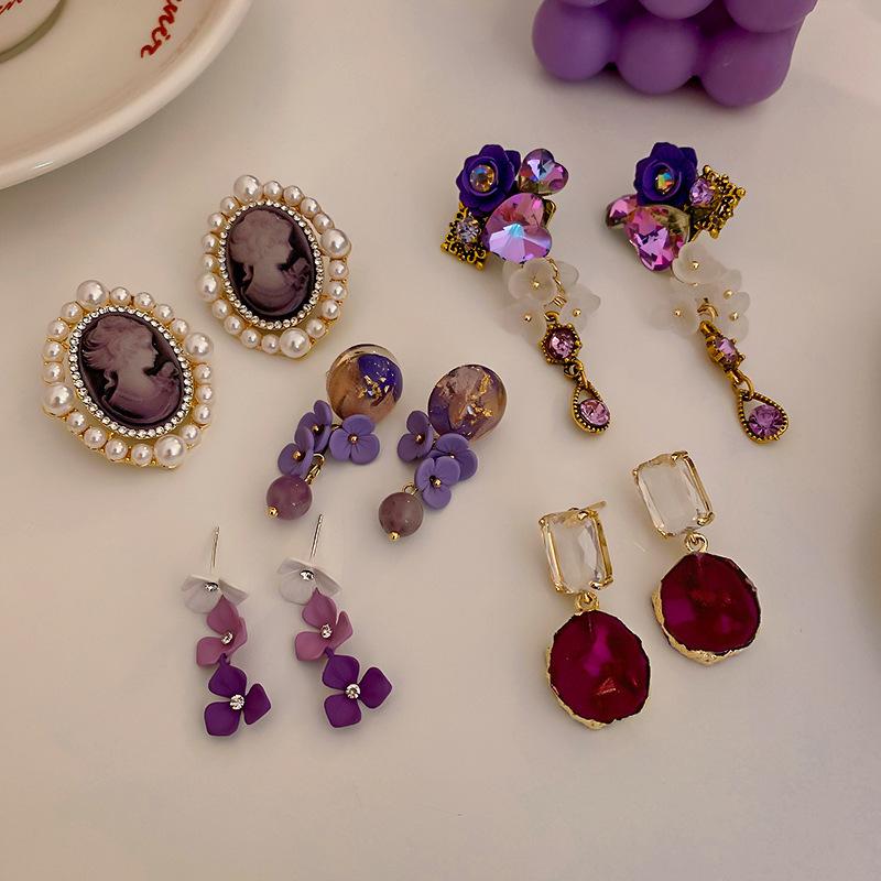 Silver Needle Diamond Pearl Purple Earrings French Retro Niche Design Earrings Light Luxury Premium Earrings