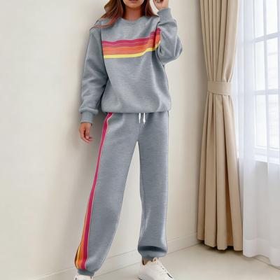 Yousheng Damen 2-teiliges Loungewear-Set Gestreiftes Sweatshirt Hohe Taille Jogginghose Trainingsset Langarm Reise Trainingsanzug