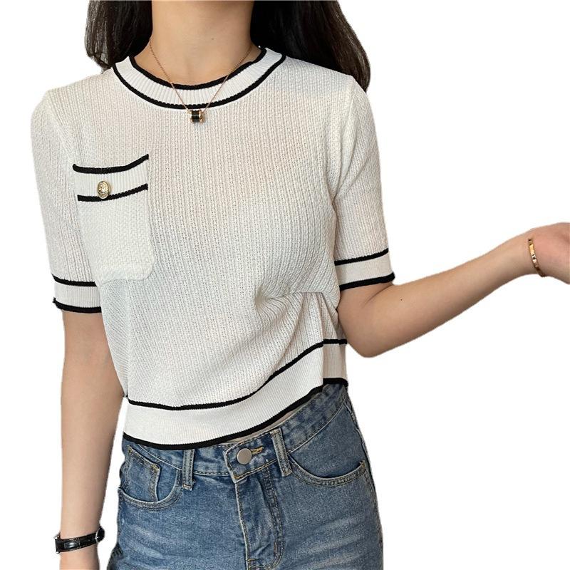 Fashion Girls Gentle Wind Temperament Round Neck Knitted Tops Women Casual Summer Essential Comfort and Style Slim Fit Pullovers Tees